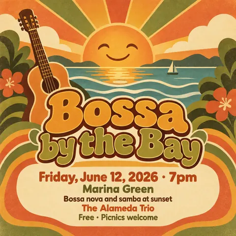 Psychedelic Seventies Corporate style social post for a fictional post: Bossa by the Bay