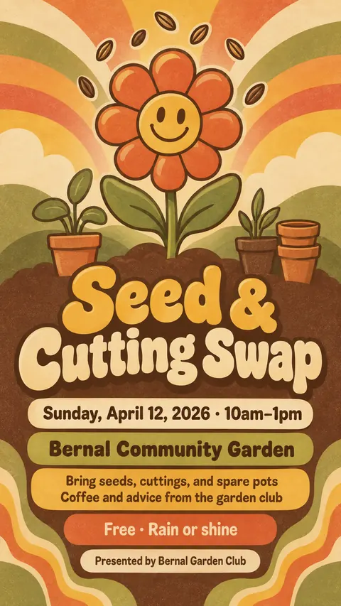Psychedelic Seventies Corporate style social post for a fictional story: Seed & Cutting Swap