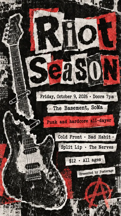 Punk Photocopied Fanzine style social post for a fictional story: Riot Season