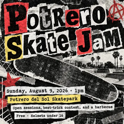 Punk Photocopied Fanzine style social post for a fictional post: Potrero Skate Jam