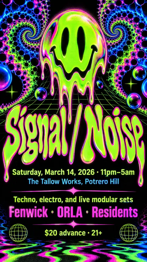 90s Rave / Acid Graphics style social post for a fictional story: Signal / Noise