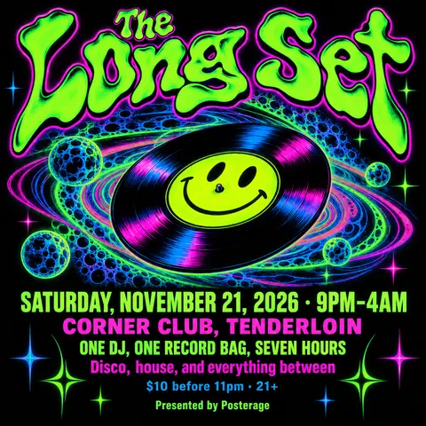 90s Rave / Acid Graphics style social post for a fictional post: The Long Set