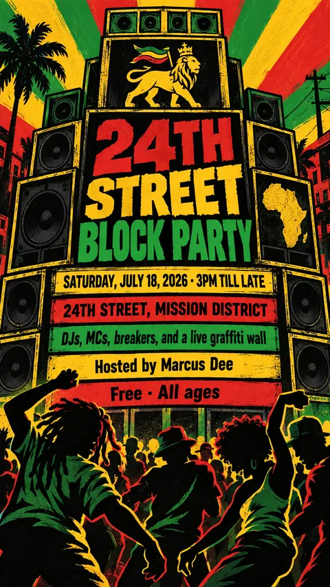 Reggae / Sound System Flyer style social post for a fictional story: 24th Street Block Party
