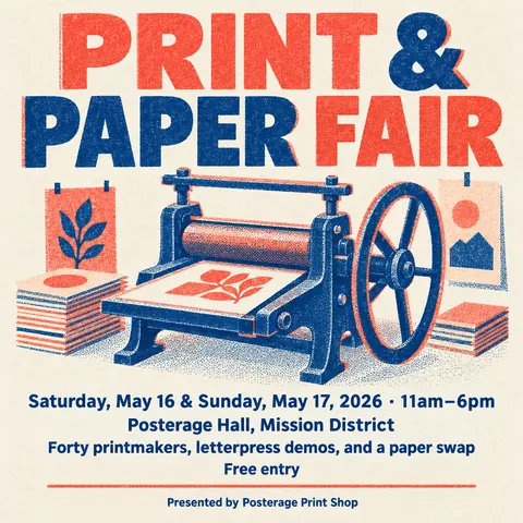 Risograph style social post for a fictional post: Print & Paper Fair