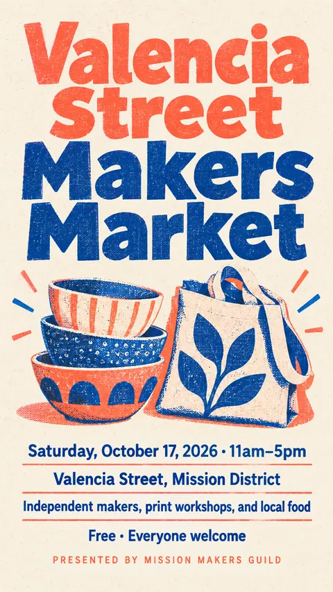Risograph style social post for a fictional story: Valencia Street Makers Market