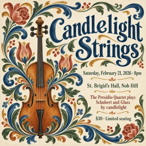 Scandinavian Folk / Rosemaling style social post for a fictional post: Candlelight Strings