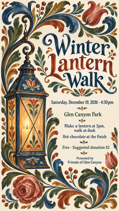 Scandinavian Folk / Rosemaling style social post for a fictional story: Winter Lantern Walk