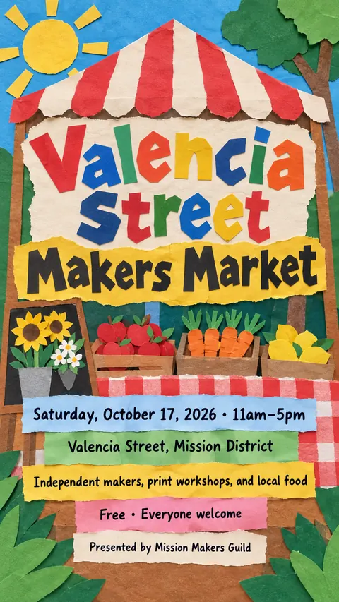 School Cutout Collage style social post for a fictional story: Valencia Street Makers Market