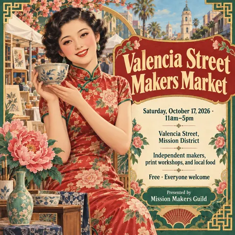 Shanghai Calendar Poster / Yuefenpai style social post for a fictional post: Valencia Street Makers Market