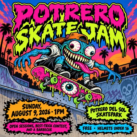 Skateboard / Street Graphics style social post for a fictional post: Potrero Skate Jam