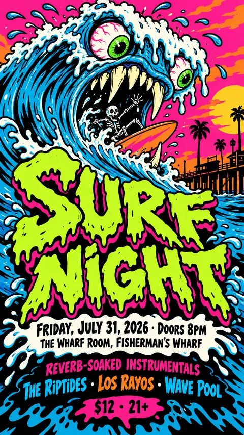 Skateboard / Street Graphics style social post for a fictional story: Surf Night