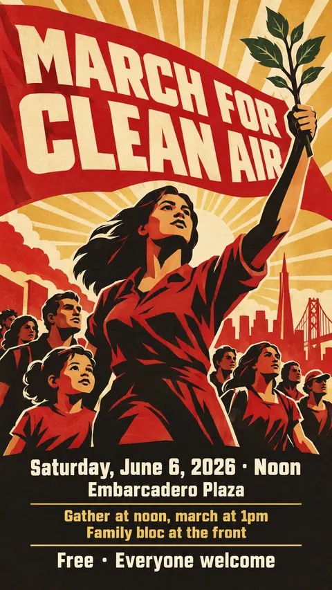 Soviet Propaganda style social post for a fictional story: March for Clean Air