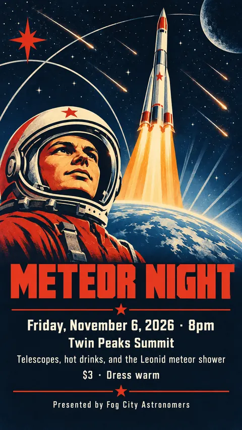 Soviet Space Programme style social post for a fictional story: Meteor Night