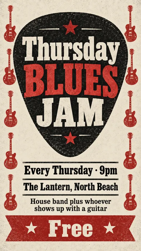 Stamp / Letterpress (Modernised) style social post for a fictional story: Thursday Blues Jam