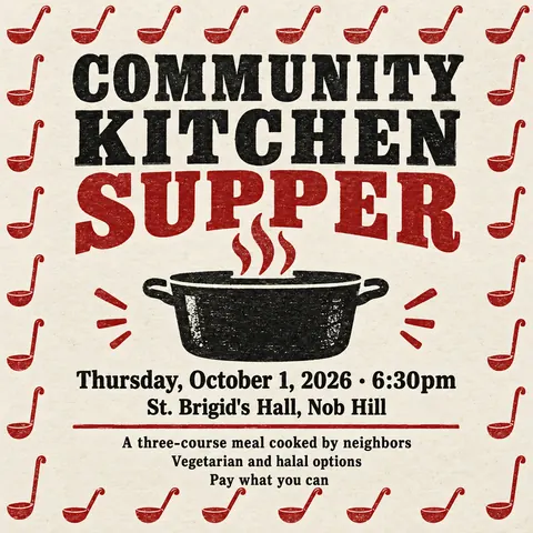 Stamp / Letterpress (Modernised) style social post for a fictional post: Community Kitchen Supper