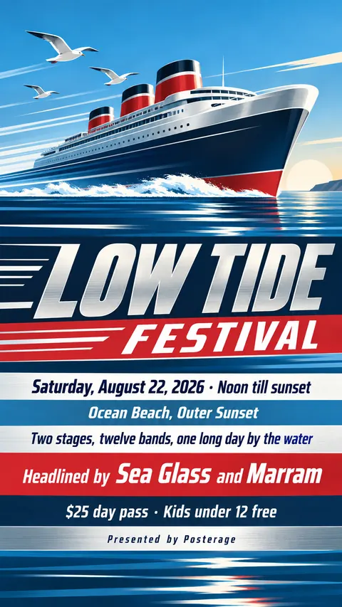 Streamline Moderne style social post for a fictional story: Low Tide Festival