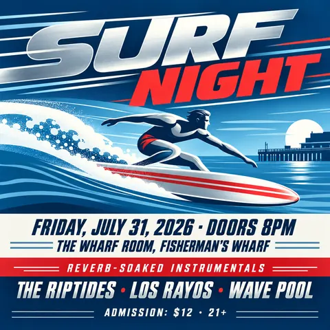 Streamline Moderne style social post for a fictional post: Surf Night
