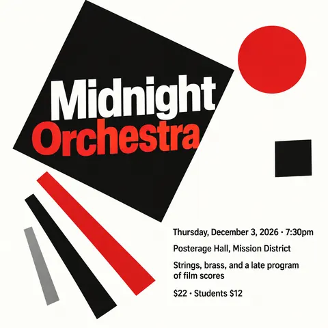 Suprematism style social post for a fictional post: Midnight Orchestra
