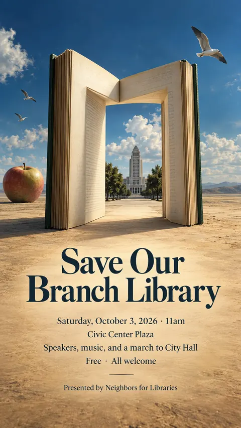 Surrealist style social post for a fictional story: Save Our Branch Library