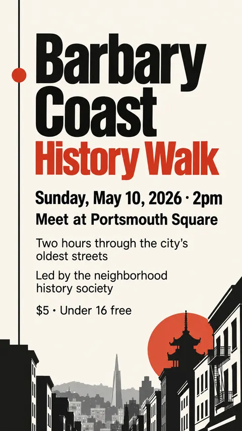 Swiss typography style social post for a fictional story: Barbary Coast History Walk