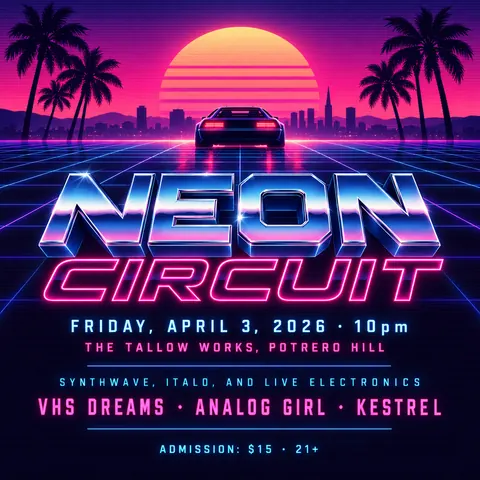 Synthwave / Retrowave style social post for a fictional post: Neon Circuit