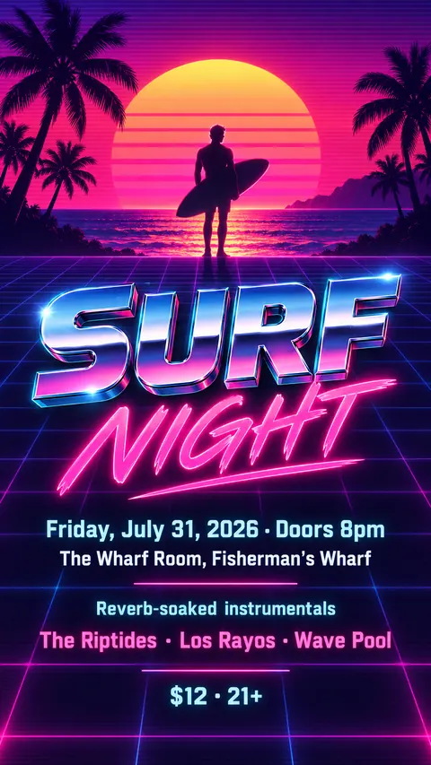 Synthwave / Retrowave style social post for a fictional story: Surf Night