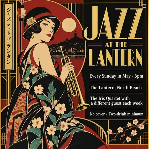 Taisho Modern / Japanese 1920s style social post for a fictional post: Jazz at the Lantern
