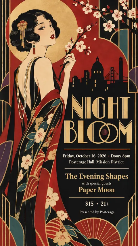 Taisho Modern / Japanese 1920s style social post for a fictional story: Night Bloom