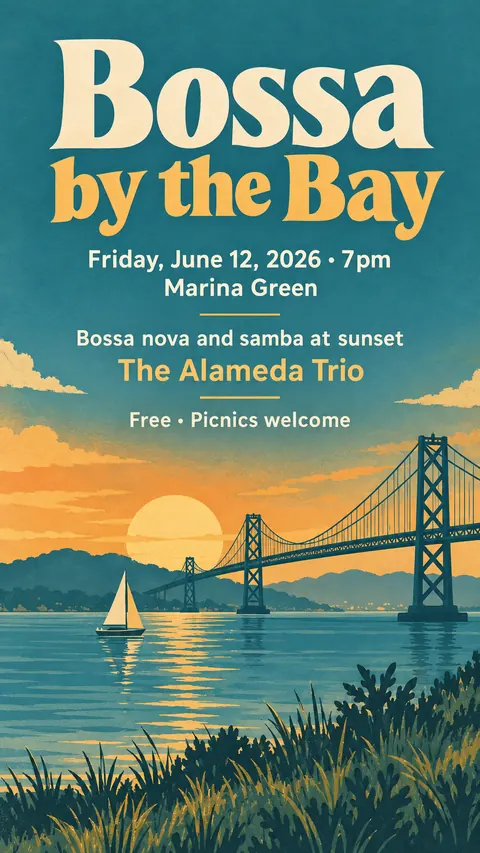 Vintage travel style social post for a fictional story: Bossa by the Bay