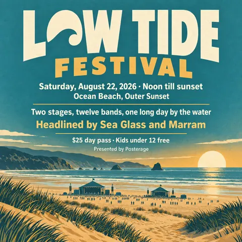 Vintage travel style social post for a fictional post: Low Tide Festival