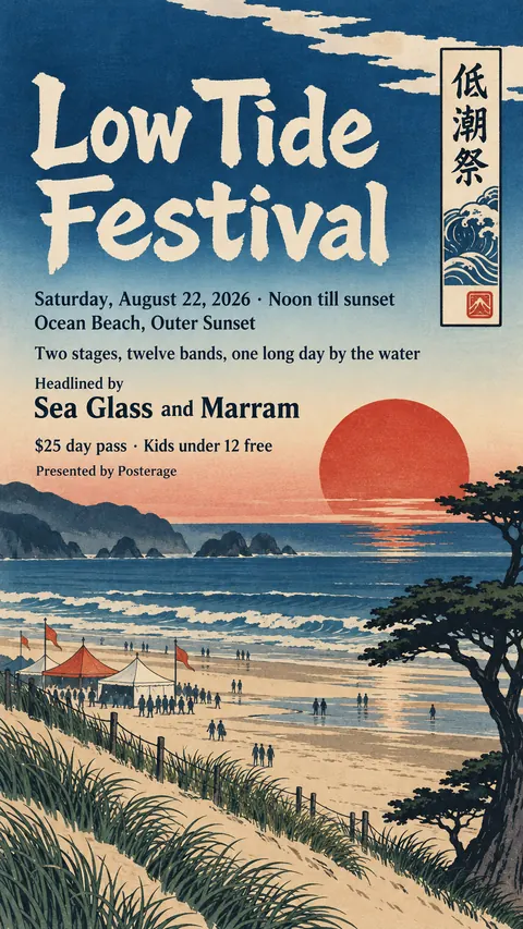 Ukiyo-e / Japanese Woodblock style social post for a fictional story: Low Tide Festival