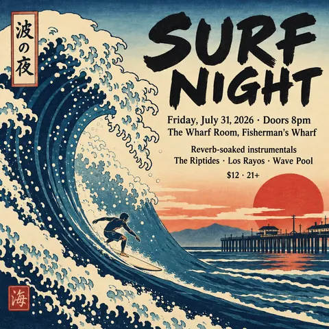 Ukiyo-e / Japanese Woodblock style social post for a fictional post: Surf Night