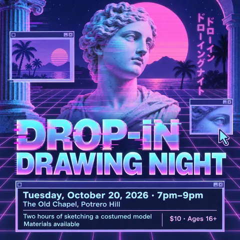 Vaporwave style social post for a fictional post: Drop-in Drawing Night