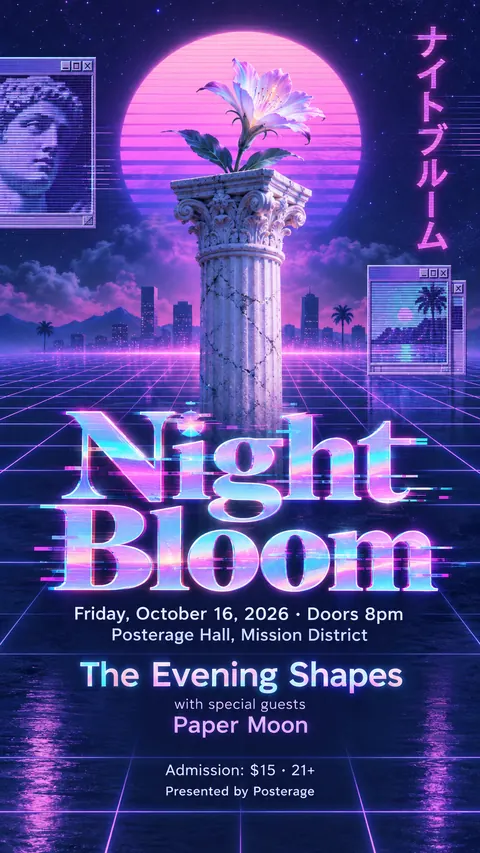 Vaporwave style social post for a fictional story: Night Bloom