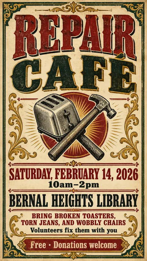 Victorian Broadside style social post for a fictional story: Repair Café