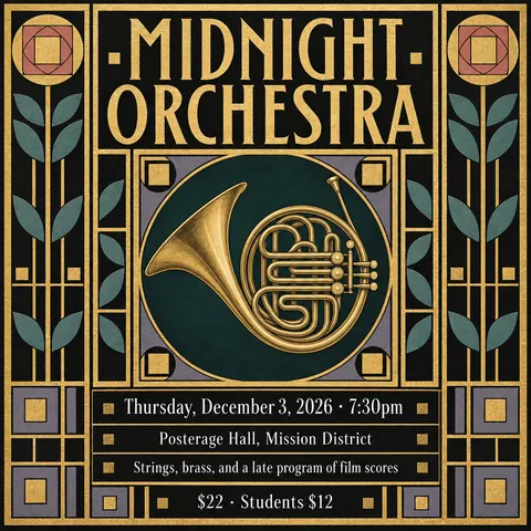Vienna Secession style social post for a fictional post: Midnight Orchestra