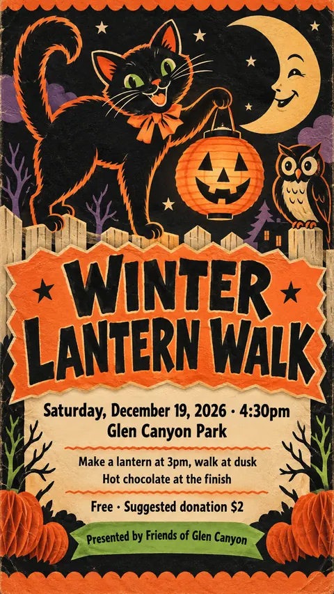 Vintage Halloween style social post for a fictional story: Winter Lantern Walk
