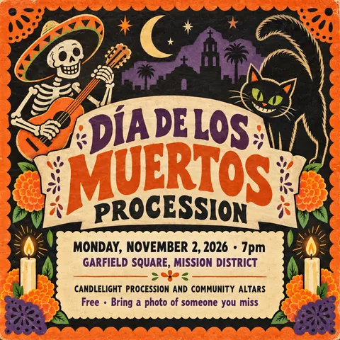 Vintage Halloween style social post for a fictional post: Día de los Muertos Procession