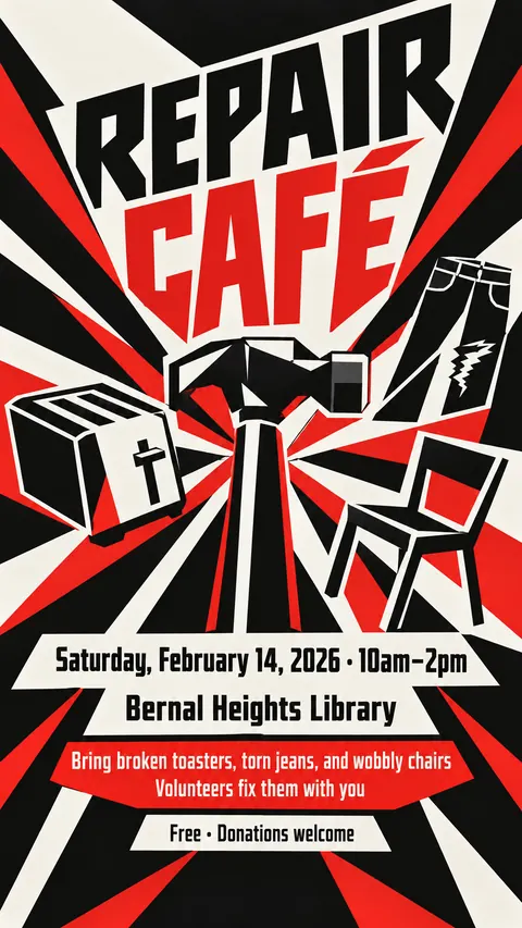 Vorticism style social post for a fictional story: Repair Café