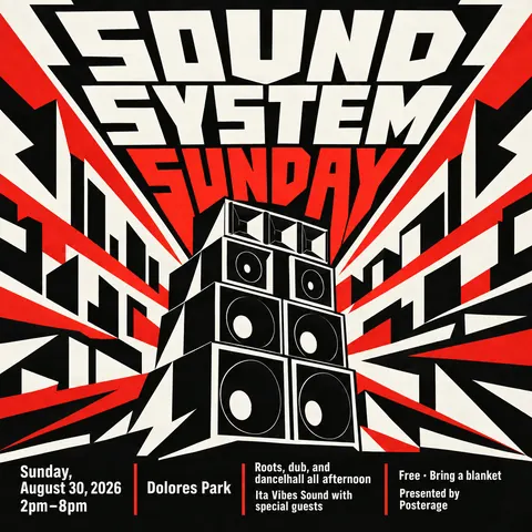 Vorticism style social post for a fictional post: Sound System Sunday