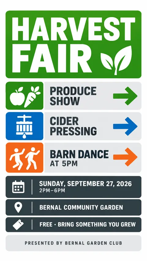 Wayfinding / Signage style social post for a fictional story: Harvest Fair