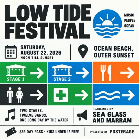 Wayfinding / Signage style social post for a fictional post: Low Tide Festival