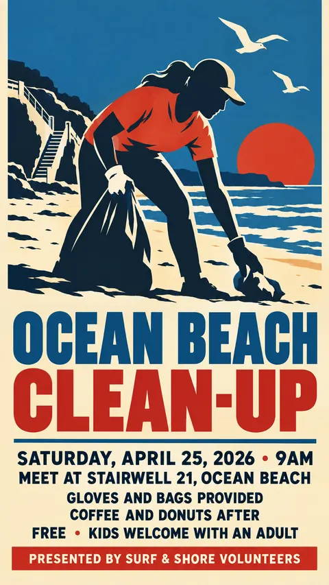 WPA / New Deal style social post for a fictional story: Ocean Beach Clean-up