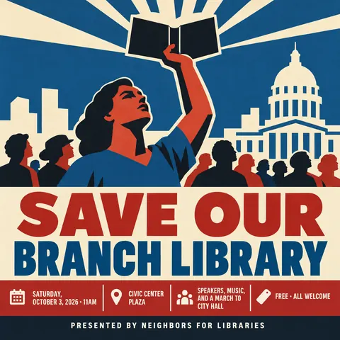 WPA / New Deal style social post for a fictional post: Save Our Branch Library