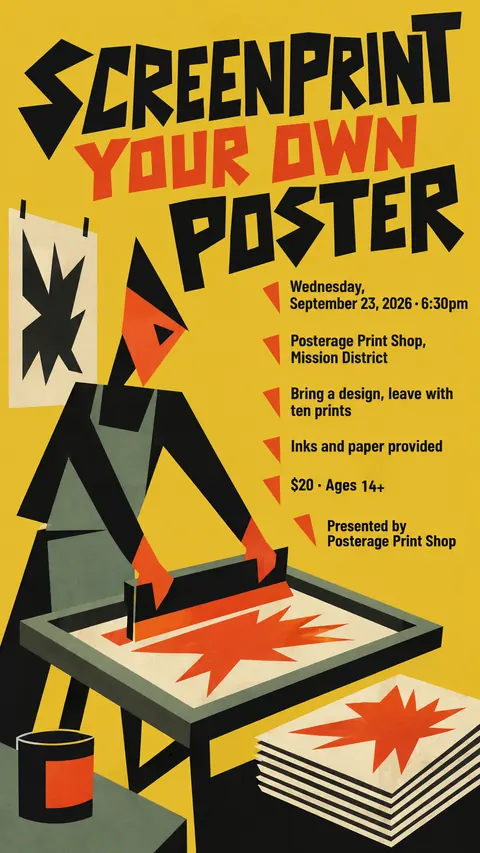 Zagreb School Animation style social post for a fictional story: Screenprint Your Own Poster