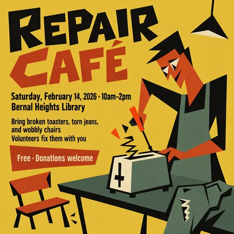 Zagreb School Animation style social post for a fictional post: Repair Café