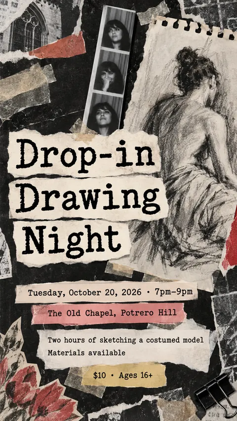 Zine Cut-and-Paste style social post for a fictional story: Drop-in Drawing Night
